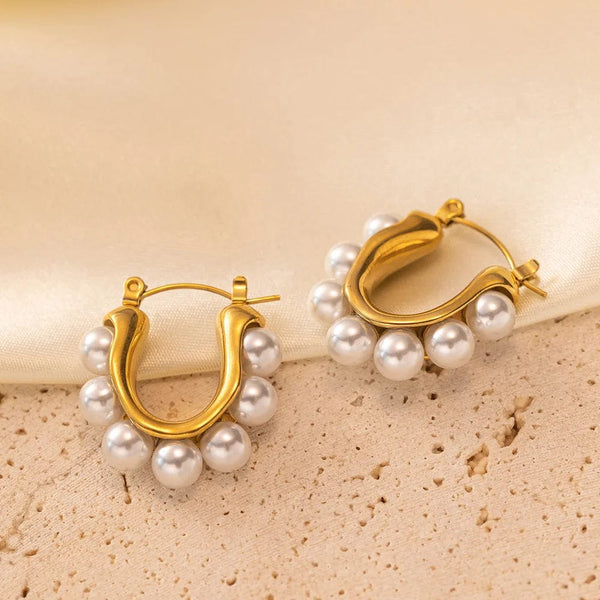 Planet Gates Style 1 Gold OIMG 316L Stainless Steel Gold Plated Temperament Gorgeous Imitation Pearl Hoop Earrings For Women Christmas Gift Waterproof