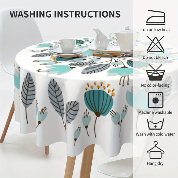 Planet Gates Style 1 / Round 152.4 Cm 1PC, Teal Tablecloth, Floral Round Table Cloth, Boho Style Flower Plant Printed Table Cover, Spring Theme Seasonal Tablecloth, Outdoor And Indoor Table Cover For Home, Dining Table Decor