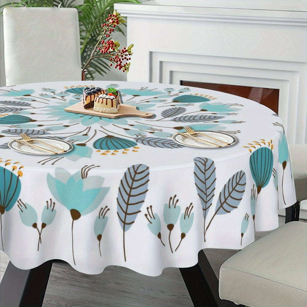 Planet Gates Style 1 / Round 152.4 Cm 1PC, Teal Tablecloth, Floral Round Table Cloth, Boho Style Flower Plant Printed Table Cover, Spring Theme Seasonal Tablecloth, Outdoor And Indoor Table Cover For Home, Dining Table Decor