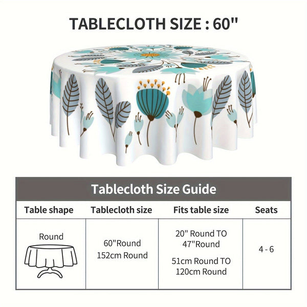Planet Gates Style 1 / Round 152.4 Cm 1PC, Teal Tablecloth, Floral Round Table Cloth, Boho Style Flower Plant Printed Table Cover, Spring Theme Seasonal Tablecloth, Outdoor And Indoor Table Cover For Home, Dining Table Decor