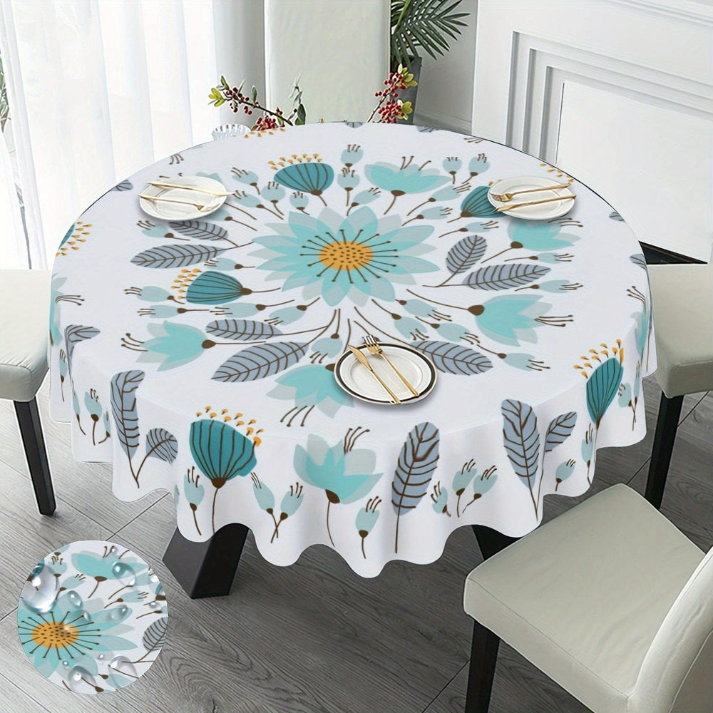 Planet Gates Style 1 / Round 152.4 Cm 1PC, Teal Tablecloth, Floral Round Table Cloth, Boho Style Flower Plant Printed Table Cover, Spring Theme Seasonal Tablecloth, Outdoor And Indoor Table Cover For Home, Dining Table Decor