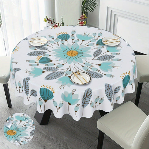 Planet Gates Style 1 / Round 152.4 Cm 1PC, Teal Tablecloth, Floral Round Table Cloth, Boho Style Flower Plant Printed Table Cover, Spring Theme Seasonal Tablecloth, Outdoor And Indoor Table Cover For Home, Dining Table Decor