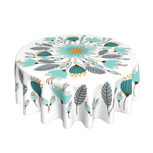 Planet Gates Style 1 / Round 152.4 Cm 1PC, Teal Tablecloth, Floral Round Table Cloth, Boho Style Flower Plant Printed Table Cover, Spring Theme Seasonal Tablecloth, Outdoor And Indoor Table Cover For Home, Dining Table Decor