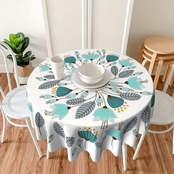 Planet Gates Style 1 / Round 152.4 Cm 1PC, Teal Tablecloth, Floral Round Table Cloth, Boho Style Flower Plant Printed Table Cover, Spring Theme Seasonal Tablecloth, Outdoor And Indoor Table Cover For Home, Dining Table Decor