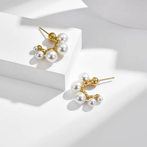 Planet Gates Style 2 Gold OIMG 316L Stainless Steel Gold Plated Temperament Gorgeous Imitation Pearl Hoop Earrings For Women Christmas Gift Waterproof