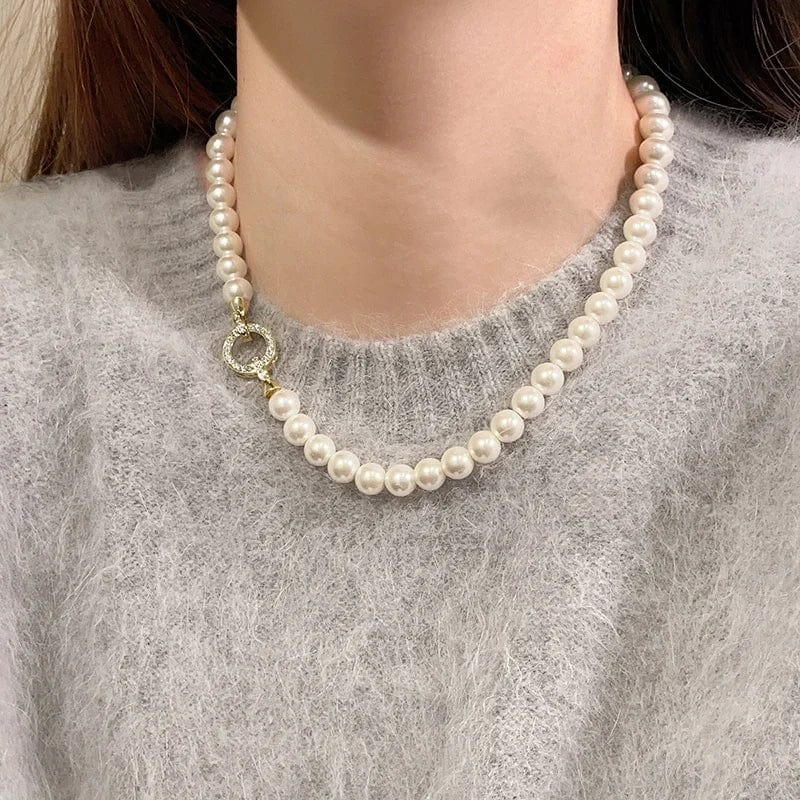 Planet Gates Style B French Elegant Micro Set Zircon Round Buckle Imitation Pearl Beaded Necklace For Women's Temperament Jewelry Sweet Accessories