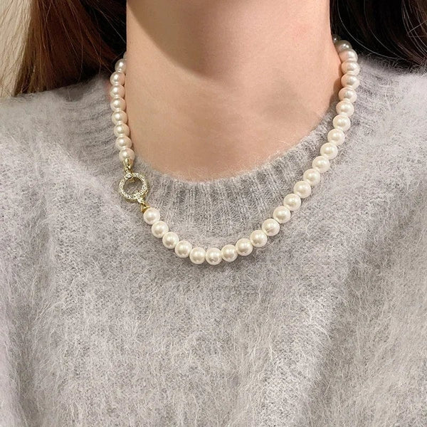 Planet Gates Style B French Elegant Micro Set Zircon Round Buckle Imitation Pearl Beaded Necklace For Women's Temperament Jewelry Sweet Accessories