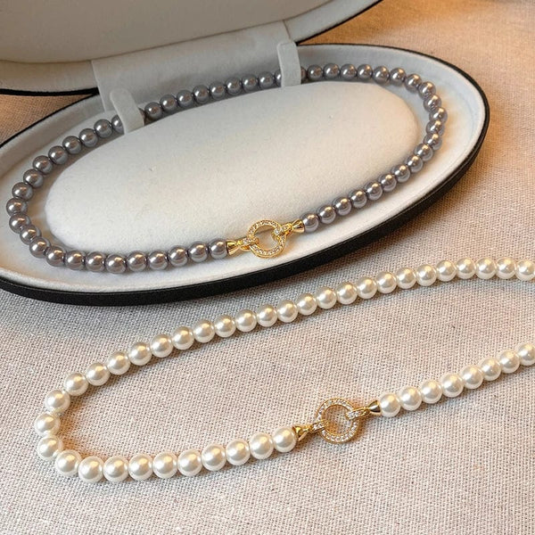 Planet Gates Style B French Elegant Micro Set Zircon Round Buckle Imitation Pearl Beaded Necklace For Women's Temperament Jewelry Sweet Accessories