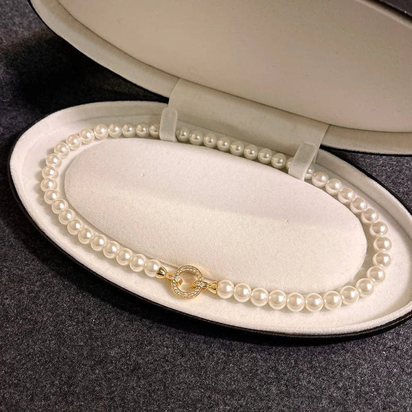 Planet Gates Style B French Elegant Micro Set Zircon Round Buckle Imitation Pearl Beaded Necklace For Women's Temperament Jewelry Sweet Accessories