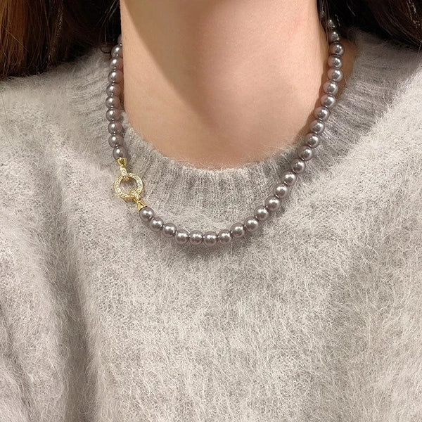 Planet Gates Style B French Elegant Micro Set Zircon Round Buckle Imitation Pearl Beaded Necklace For Women's Temperament Jewelry Sweet Accessories