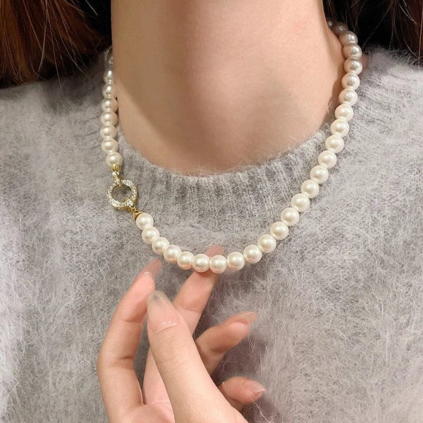 Planet Gates Style B French Elegant Micro Set Zircon Round Buckle Imitation Pearl Beaded Necklace For Women's Temperament Jewelry Sweet Accessories