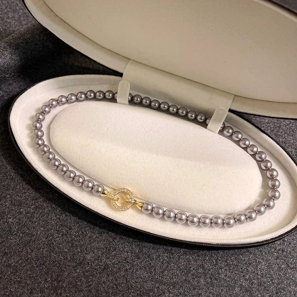 Planet Gates Style B French Elegant Micro Set Zircon Round Buckle Imitation Pearl Beaded Necklace For Women's Temperament Jewelry Sweet Accessories