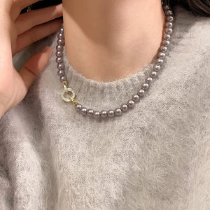 Planet Gates Style B French Elegant Micro Set Zircon Round Buckle Imitation Pearl Beaded Necklace For Women's Temperament Jewelry Sweet Accessories