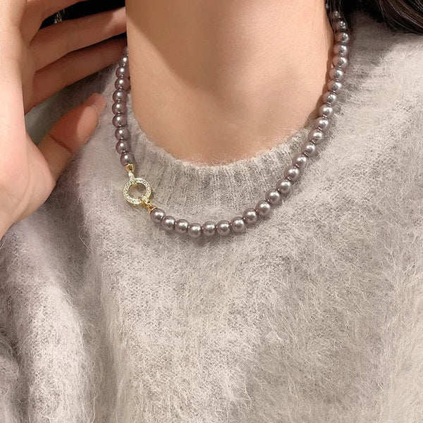 Planet Gates Style B French Elegant Micro Set Zircon Round Buckle Imitation Pearl Beaded Necklace For Women's Temperament Jewelry Sweet Accessories