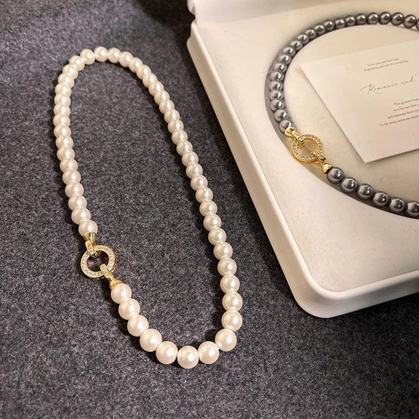 Planet Gates Style B French Elegant Micro Set Zircon Round Buckle Imitation Pearl Beaded Necklace For Women's Temperament Jewelry Sweet Accessories