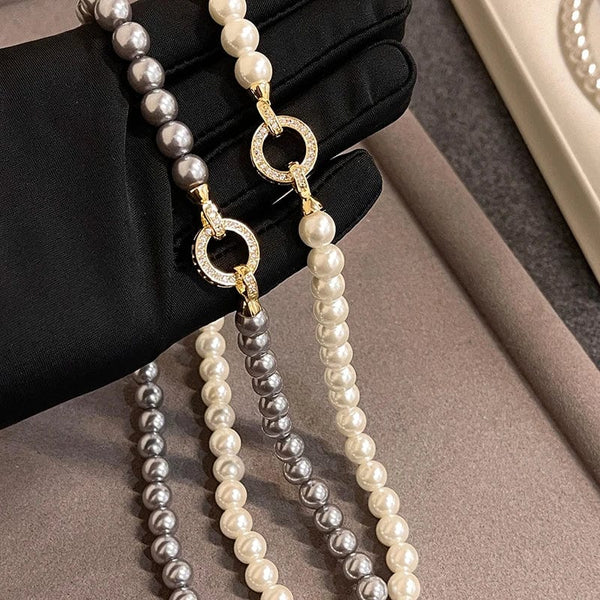 Planet Gates Style B French Elegant Micro Set Zircon Round Buckle Imitation Pearl Beaded Necklace For Women's Temperament Jewelry Sweet Accessories