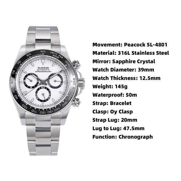 Planet Gates Sugess Panda Chronograph Movement Automatic Mechanical Chronograph Wristwatch Waterproof Diving Men Watches Ceramic Bezel Tona