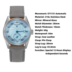 Planet Gates Sugess Watch of Men Automatic Mechanical Wristwatches ST1721 Movement Luminous Simple Fashion Clock Waterproof Glass S451 New