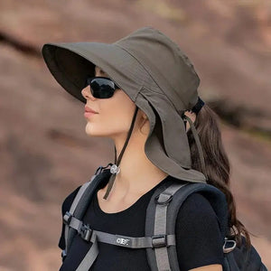 Planet Gates Summer Hats for Women Outdoor UV Anti Neck Protection Sun Visors for Lady Fishing Hiking Wide Brim Shawl Sunscreen Ponytail Cap