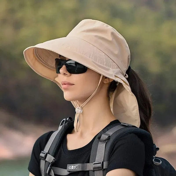 Planet Gates Summer Hats for Women Outdoor UV Anti Neck Protection Sun Visors for Lady Fishing Hiking Wide Brim Shawl Sunscreen Ponytail Cap