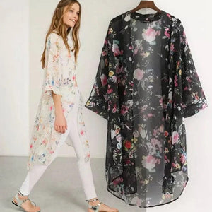 Planet Gates Summer Women Chiffon Floral Kimono Beach Cardigan Sheer Cover Up Swimwear Long Blouse Shirts Female Tops