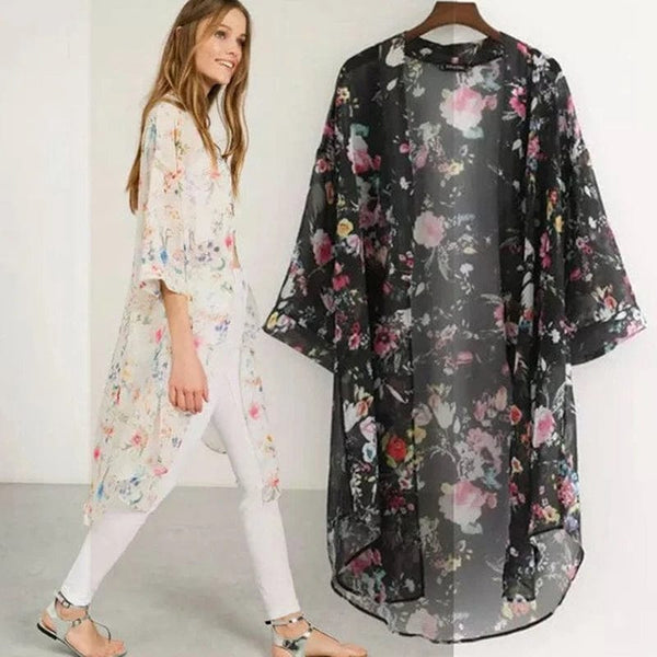Planet Gates Summer Women Chiffon Floral Kimono Beach Cardigan Sheer Cover Up Swimwear Long Blouse Shirts Female Tops
