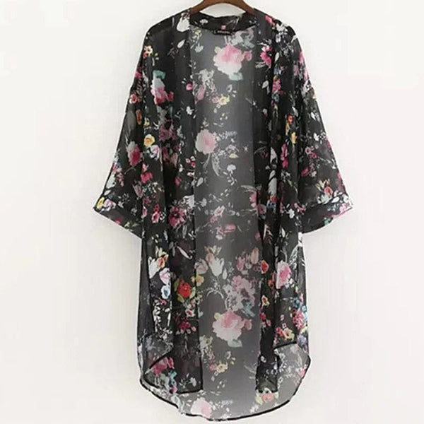 Planet Gates Summer Women Chiffon Floral Kimono Beach Cardigan Sheer Cover Up Swimwear Long Blouse Shirts Female Tops