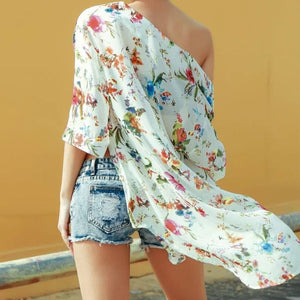 Planet Gates Summer Women Chiffon Floral Kimono Beach Cardigan Sheer Cover Up Swimwear Long Blouse Shirts Female Tops