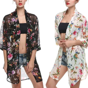 Planet Gates Summer Women Chiffon Floral Kimono Beach Cardigan Sheer Cover Up Swimwear Long Blouse Shirts Female Tops