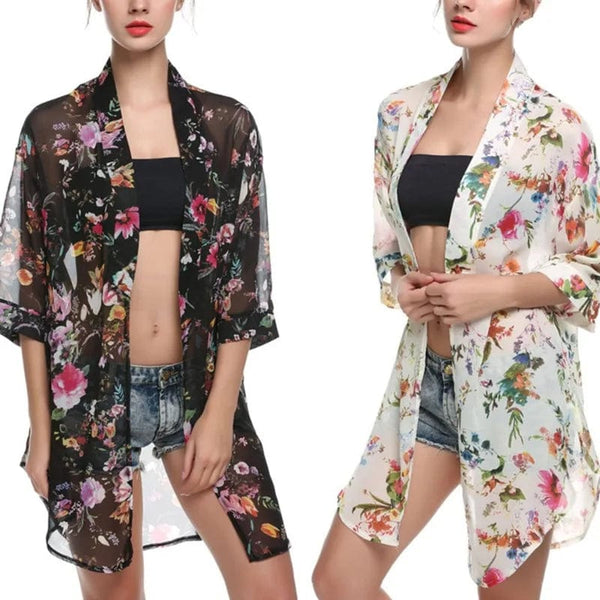 Planet Gates Summer Women Chiffon Floral Kimono Beach Cardigan Sheer Cover Up Swimwear Long Blouse Shirts Female Tops