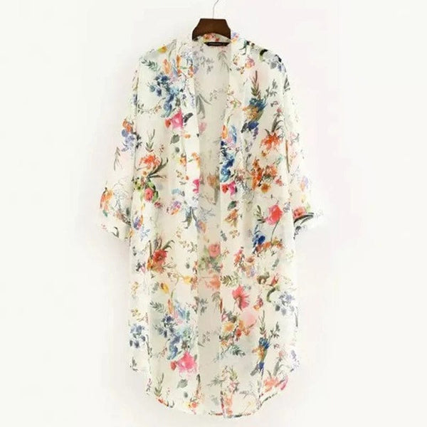 Planet Gates Summer Women Chiffon Floral Kimono Beach Cardigan Sheer Cover Up Swimwear Long Blouse Shirts Female Tops