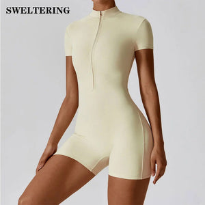 Planet Gates Summer Zipper Short Sleeve Yoga Bodysuit Women's Jumpsuits Yoga Set Gym Clothes Push-up Workout Tracksuit Dance Fitness Bodysuit