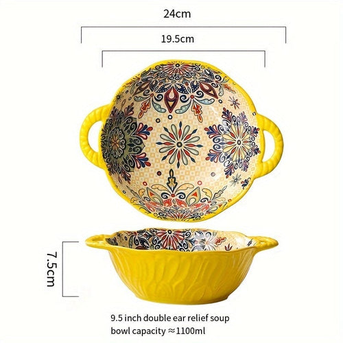 Planet Gates Sunflower 1PC 24.13 Cm Underglaze Color Bohemia Polish Style Double Ear Handle Soup Bowl, Embossed Soup Bowl, Noodle Bowl, Microwave Safe, For Home Kitchen Restaurant Hotel, Kitchen Supplies, Tableware
