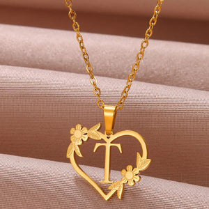 Planet Gates T / 45cm / CHINA Gold Color Dainty Flower Initials Necklace Women Girl Stainless Steel Heart Letter Choker Necklace Best Gifts Alphabet Jewelry
