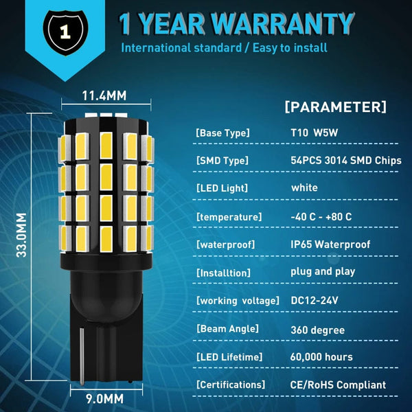 Planet Gates T10 W5W 194 2821 / White 2x High Power W5W T10 194 168 LED Canbus Extreme Bright 54 SMD 3014 Chip Bulbs Car Parking Backup Reverse Wide Lights 2821 2825