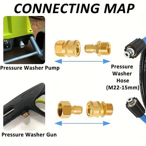 Planet Gates T99-4pcs M22-15mm To 3/8" Quick 4 Packs Pressure Washer Quick Disconnect Adaptor Set, M22-15mm To 3/8" Quick Release Couplers, All Solid Brass Connector Compatible With Sun Joe, Campbell, MI-T-M, Stanley Electric Pressure Washers