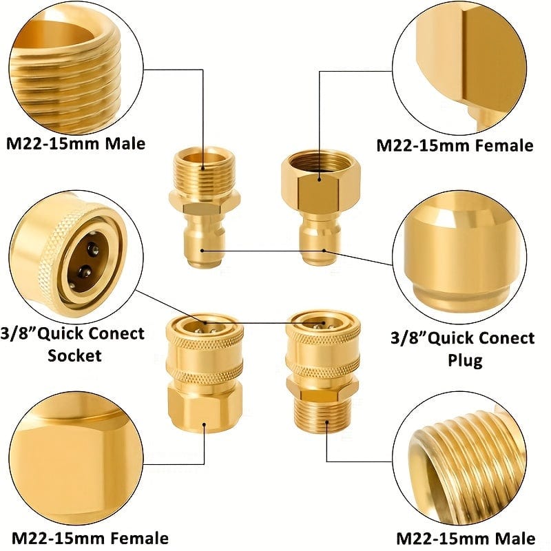 Planet Gates T99-4pcs M22-15mm To 3/8" Quick 4 Packs Pressure Washer Quick Disconnect Adaptor Set, M22-15mm To 3/8" Quick Release Couplers, All Solid Brass Connector Compatible With Sun Joe, Campbell, MI-T-M, Stanley Electric Pressure Washers