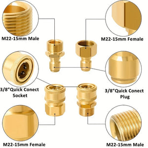 Planet Gates T99-4pcs M22-15mm To 3/8" Quick 4 Packs Pressure Washer Quick Disconnect Adaptor Set, M22-15mm To 3/8" Quick Release Couplers, All Solid Brass Connector Compatible With Sun Joe, Campbell, MI-T-M, Stanley Electric Pressure Washers