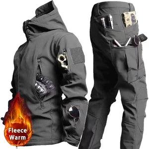 Planet Gates Tactical Winter Set Men's Military Outdoor Windproof Waterproof Suit Multi-Pocket Soft Shell Hooded Jackets Sharkskin Work Pants