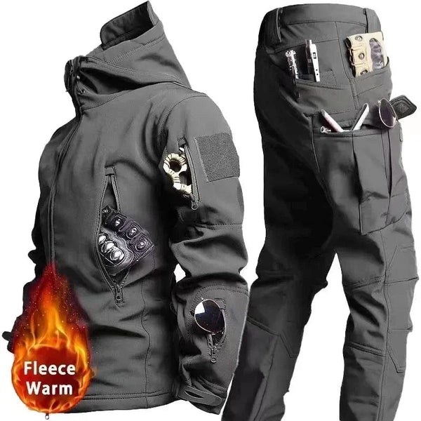 Planet Gates Tactical Winter Set Men's Military Outdoor Windproof Waterproof Suit Multi-Pocket Soft Shell Hooded Jackets Sharkskin Work Pants