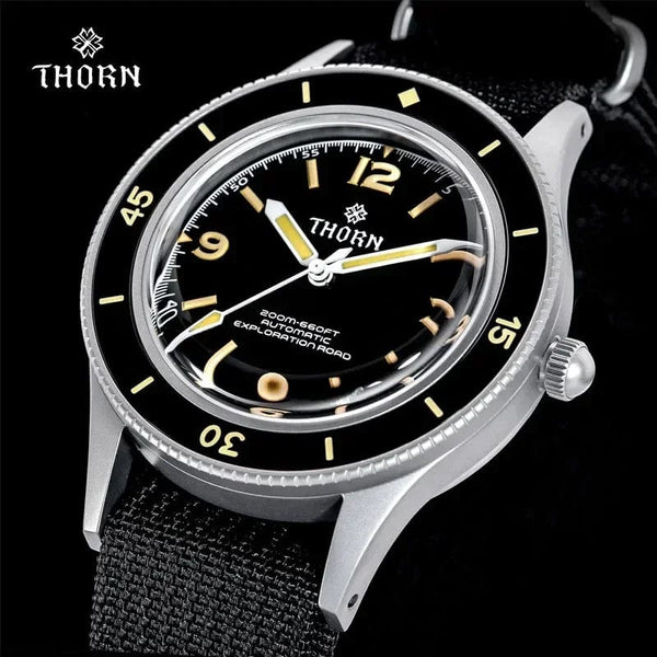 Planet Gates THORN 50-Fathoms Watch Men 40MM Vintage NH35 Movement Automatic K9 Mineral Crystal TR900 C3 Luminous Barracuda 200M Waterproof