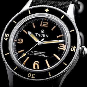 Planet Gates THORN 50-Fathoms Watch Men 40MM Vintage NH35 Movement Automatic K9 Mineral Crystal TR900 C3 Luminous Barracuda 200M Waterproof