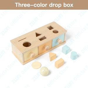 Planet Gates Three-Color Drop Box Montessori Infant Wooden Toys Target Box Rolling Drum Color Shape Cognition Match Educational Sensory Baby Teaching Aid Gifts