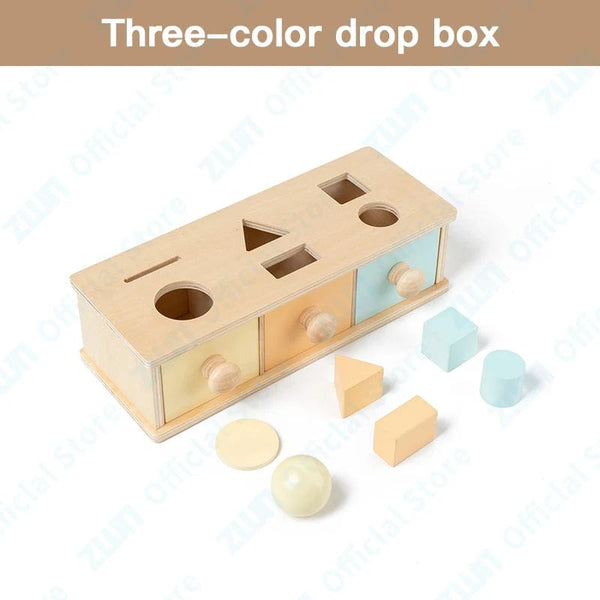 Planet Gates Three-Color Drop Box Montessori Infant Wooden Toys Target Box Rolling Drum Color Shape Cognition Match Educational Sensory Baby Teaching Aid Gifts