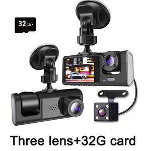 Planet Gates Three lens+32G Card 3 Channel Dash Cam Front And Rear Inside, 1080P Dash Cam IR Night Vision, Loop Recording Car DVR Camera 3 Lens With 5.08 Cm IPS Screen 3 Cameras Car Dashcam, Car Black Box Recording At Same Time