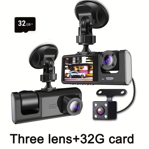 Planet Gates Three lens+32G Card 3 Channel Dash Cam Front And Rear Inside, 1080P Dash Cam IR Night Vision, Loop Recording Car DVR Camera 3 Lens With 5.08 Cm IPS Screen 3 Cameras Car Dashcam, Car Black Box Recording At Same Time