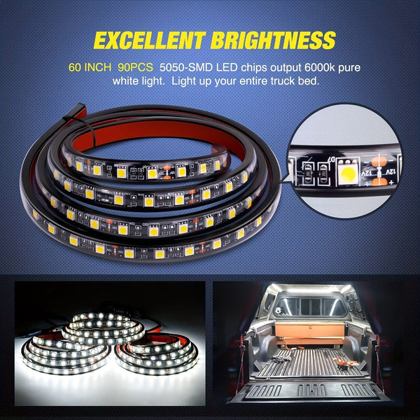 Planet Gates Three Truck Bed Light Strip 3Pcs 152.4 Cm Bed Light Strip 270 LED With Switch Blade Fuse Splitter Extension Cable For Cargo Pickup Truck SUV RV Boat