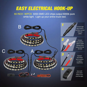 Planet Gates Three Truck Bed Light Strip 3Pcs 152.4 Cm Bed Light Strip 270 LED With Switch Blade Fuse Splitter Extension Cable For Cargo Pickup Truck SUV RV Boat