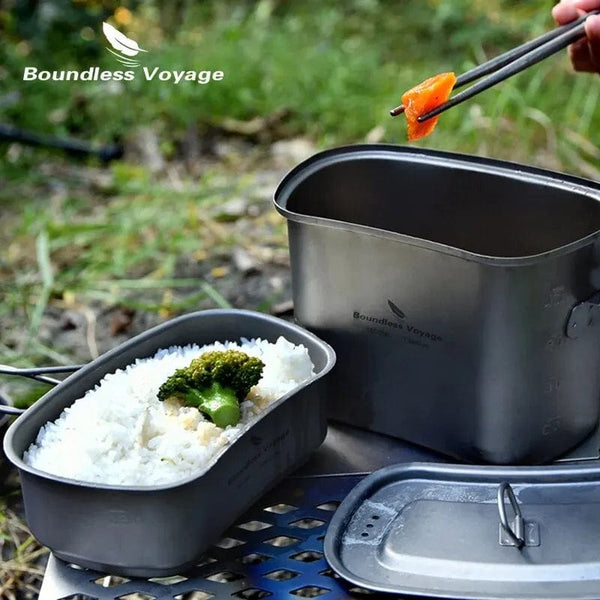 Planet Gates Ti2059C Boundless Voyage Titanium Hanging Pot Cup Cooking Set with Lid Folding Handles Outdoor Camping Cookware Mess Kit 1500ML + 600ML