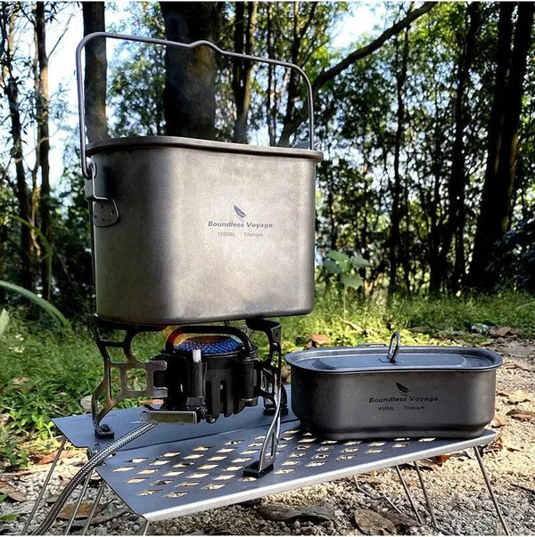Planet Gates Ti2059C Boundless Voyage Titanium Hanging Pot Cup Cooking Set with Lid Folding Handles Outdoor Camping Cookware Mess Kit 1500ML + 600ML